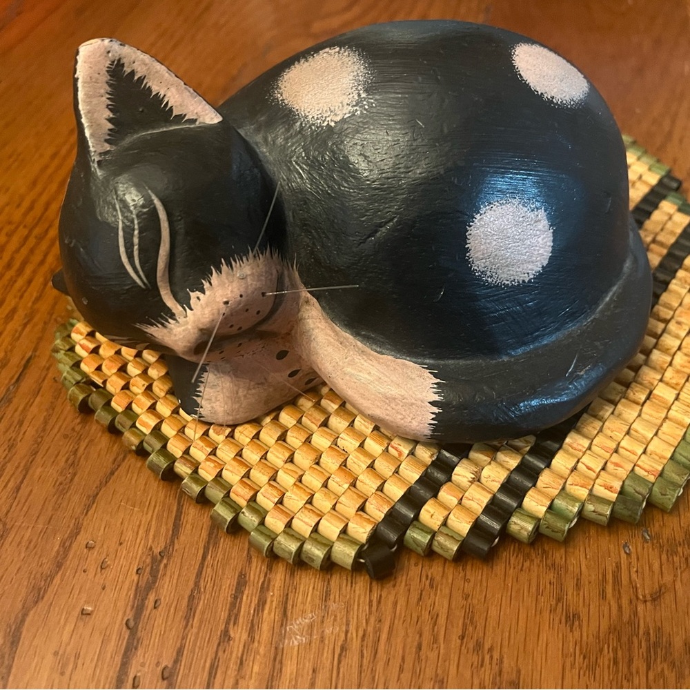 Hand Carved Wooden Black Cat Figurine Rustic Folk Art Decor